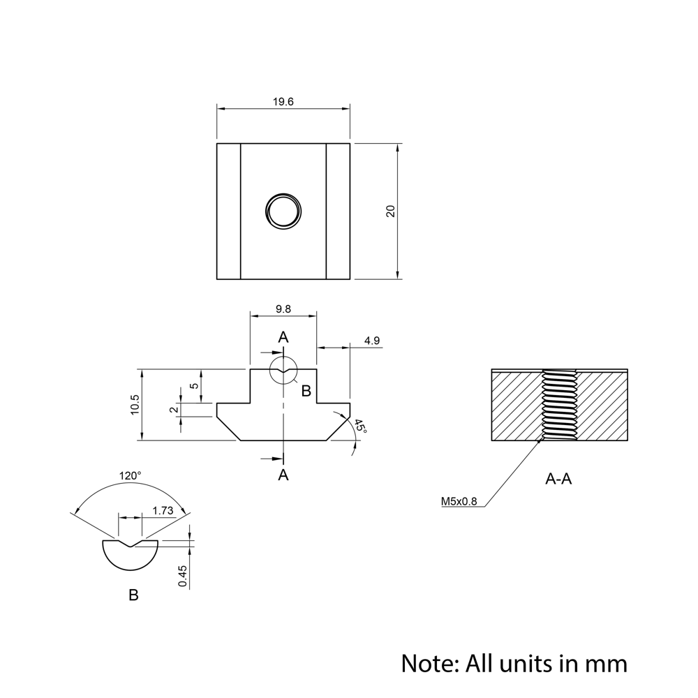 Technical Drawing Of Slide In Nut - T-Slot - 40 & 45 Series - M5