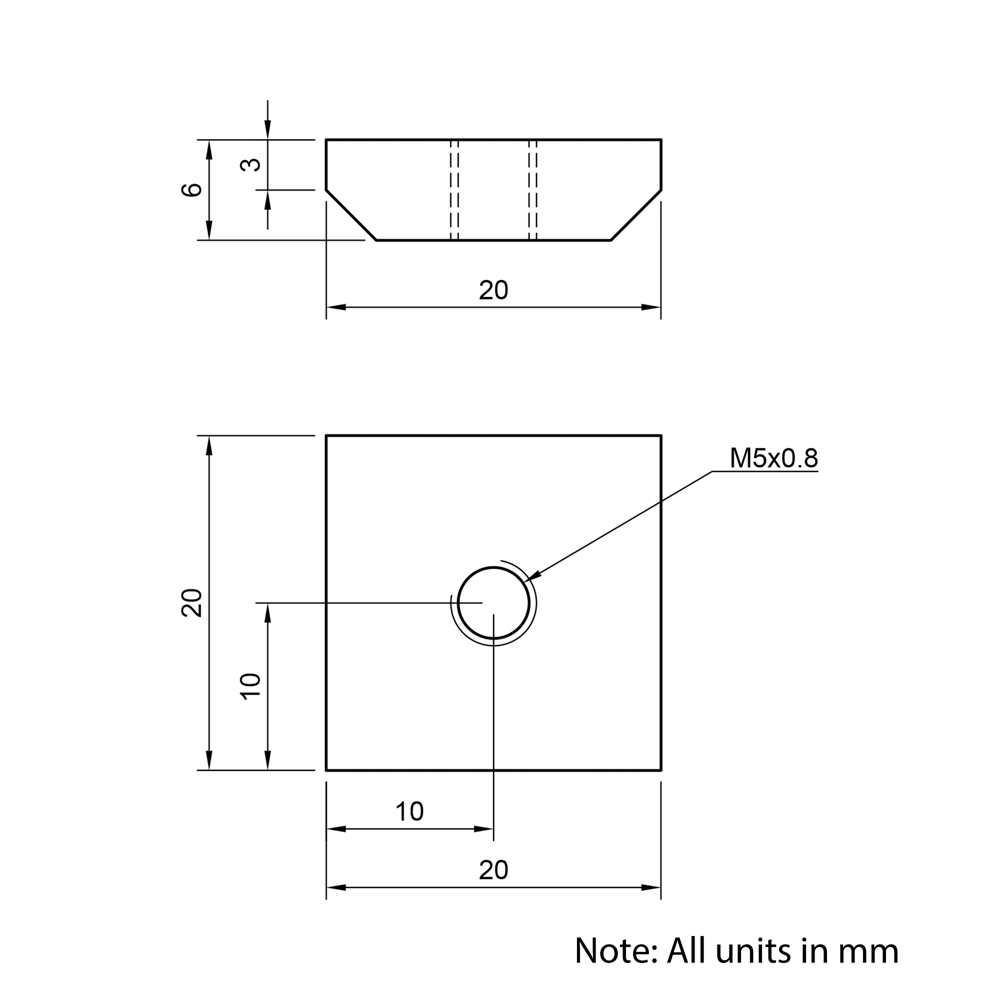 Technical Drawing Of Flat Nut - T-Slot - 45 Series - M5