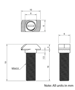 Technical Drawing of Drop In Bolt - T/V-Slot - 20 Series - M5 - 16mm