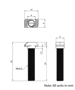 Technical Drawing of Drop In Bolt - T/V-Slot - 20 Series - M5 - 25mm