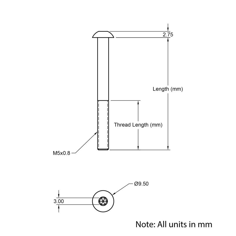 Technical Drawing Of Button Head Bolt - M5 - 35mm