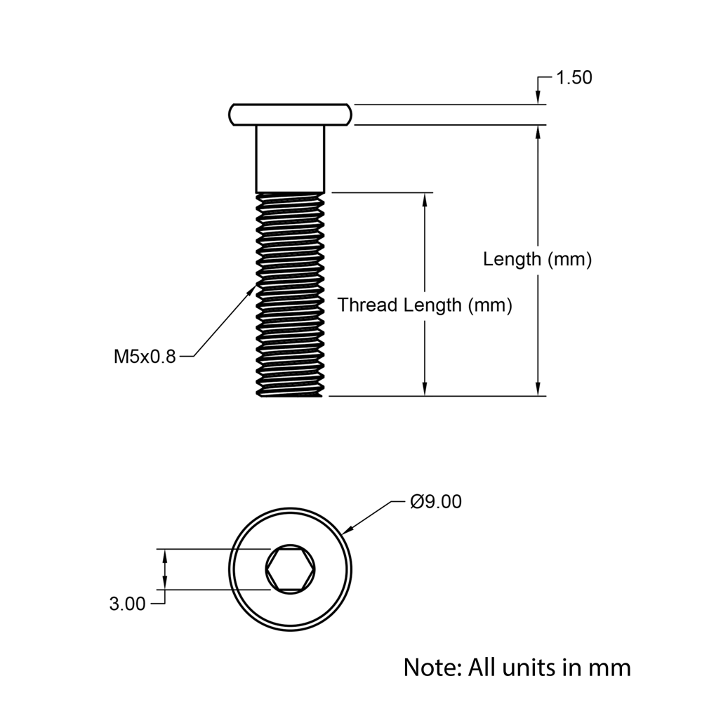 Technical Drawing Of Low Profile Head Bolt - M5 - 45mm