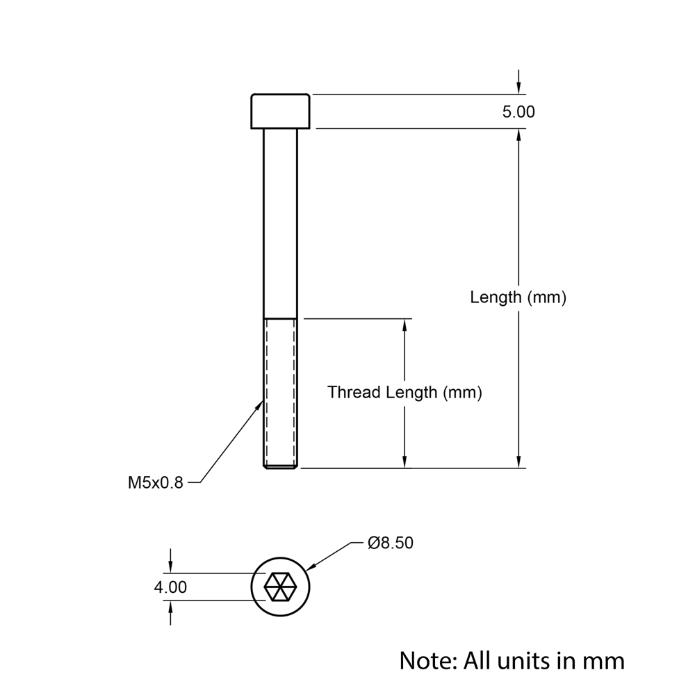 Technical Drawing of Cap Head Bolt - M5 - 45mm