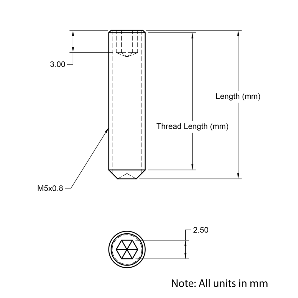 Technical Drawing of Grub Screw - M5 - 4mm