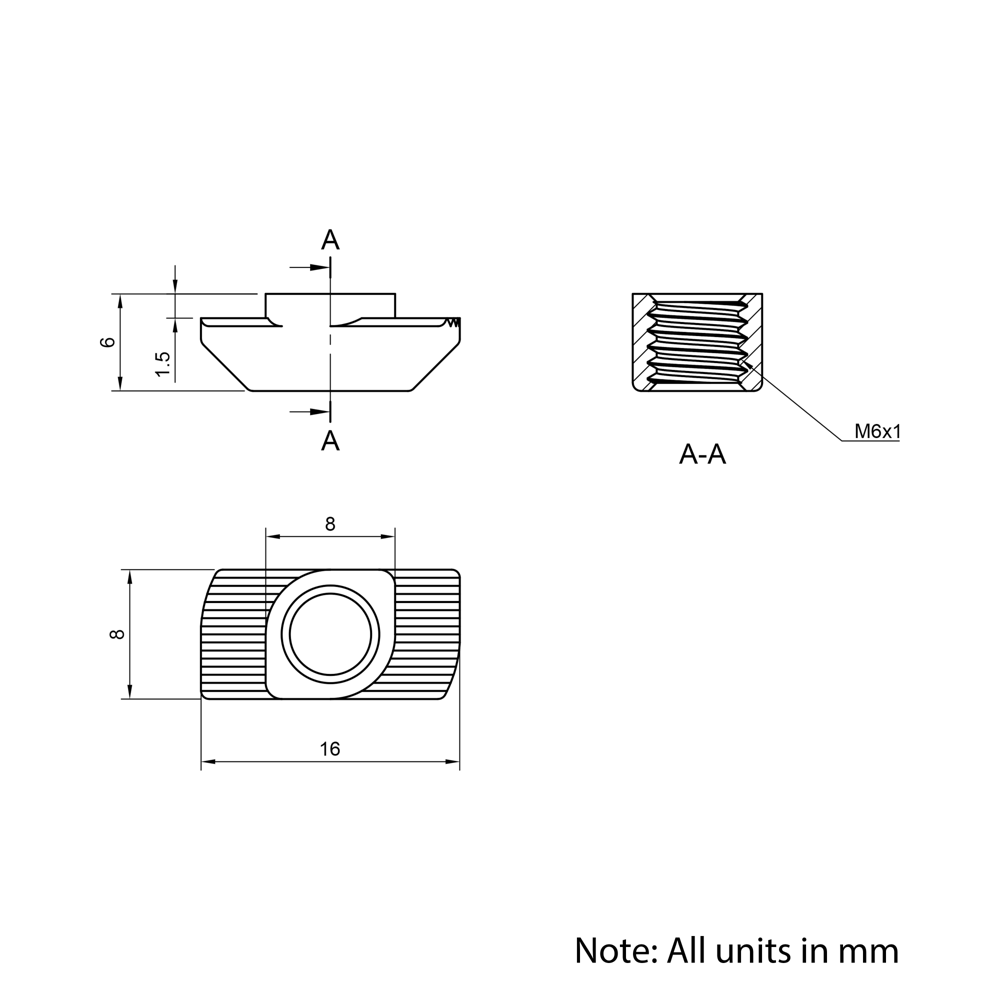 Technical Drawing Of Drop In Nut - T-Slot - 30 Series - M6 - Stainless Steel