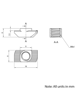 Technical Drawing Of Drop In Nut - T-Slot - 30 Series - M6