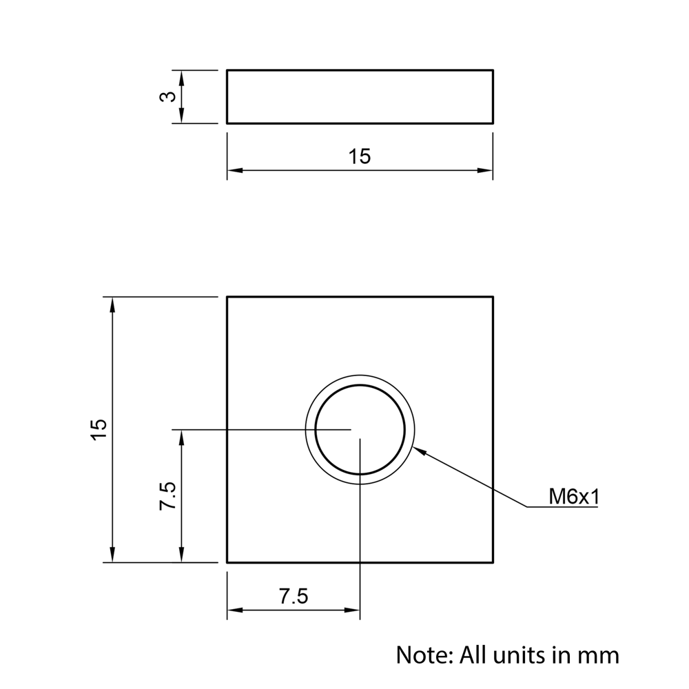 Technical Drawing Of Flat Nut - T-Slot - 30 Series - M6