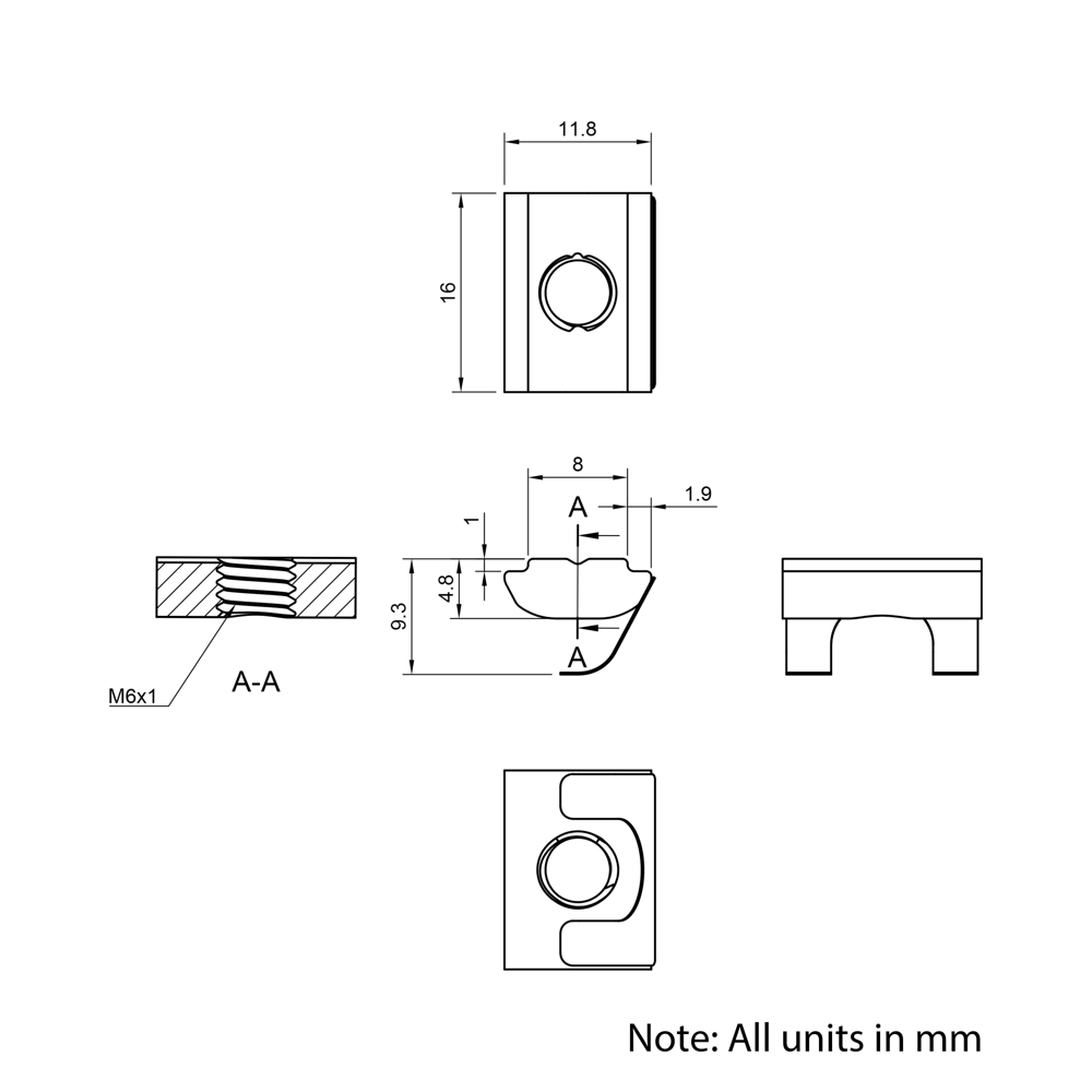 Technical Drawing Of Spring Leaf Loaded Nut - T-Slot - 30 Series - M6