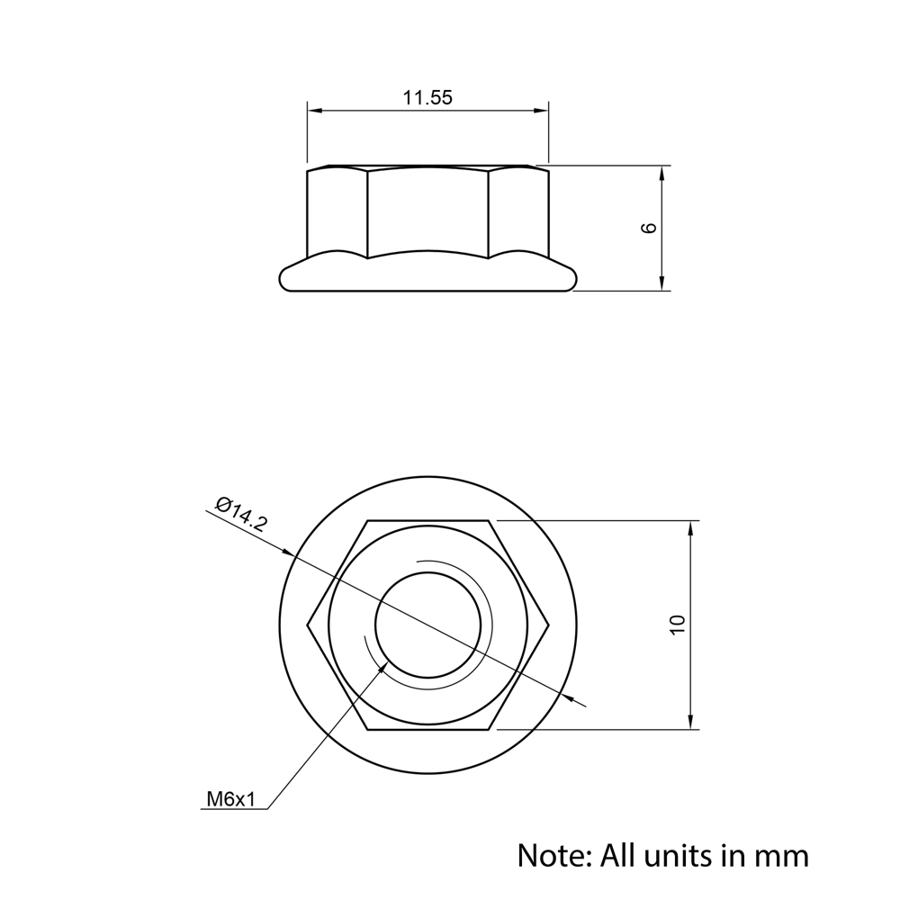 Technical Drawing of Serrated Flanged Hex Nut - M6