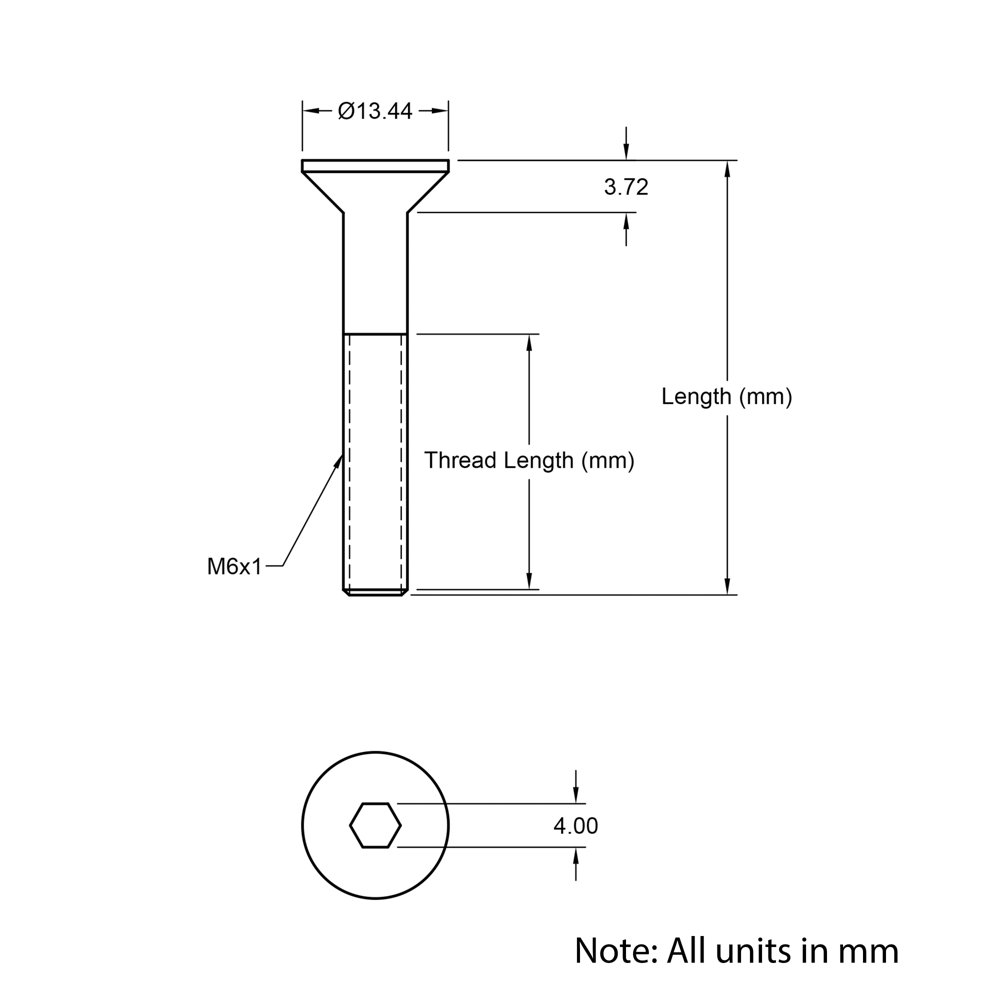 Technical Drawing of Countersunk Bolt - M6 - 45mm