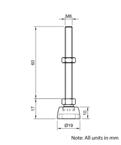 Technical Drawing Of Articulating Levelling Foot - Nylon 19mm - M6 - 60mm