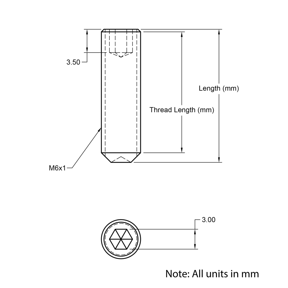 Technical Drawing of Grub Screw - M6 - 8mm