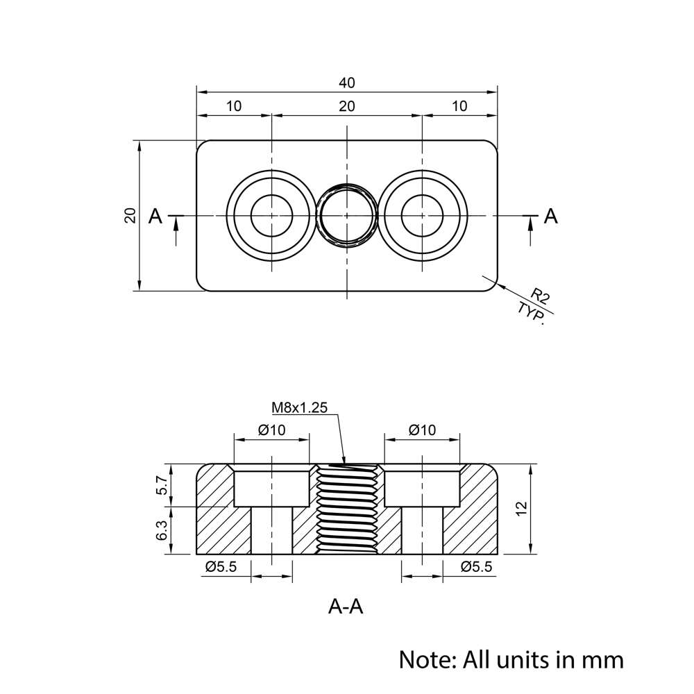 Technical Drawing Of Foot Plate - 20 Series - 20x40 - M8