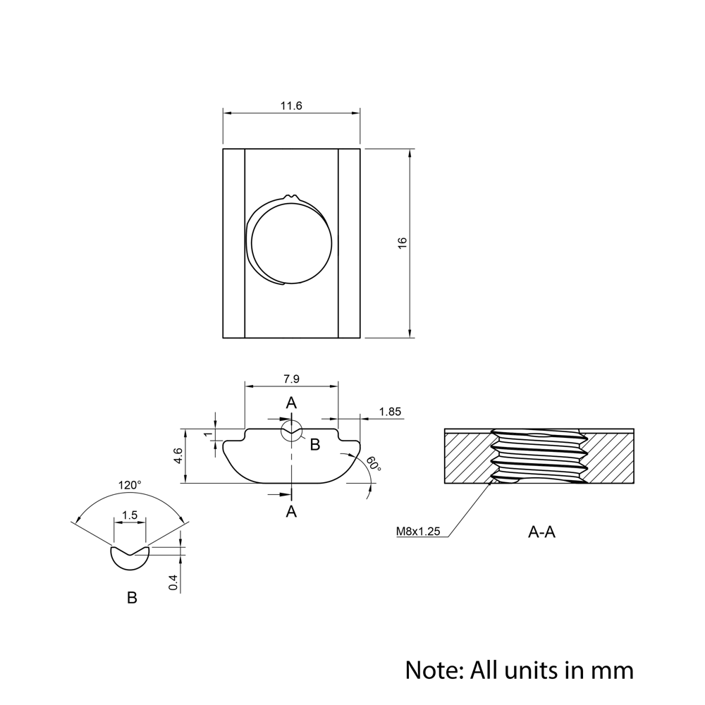 Technical Drawing Of Roll In Nut - T-Slot - 30 Series - M8