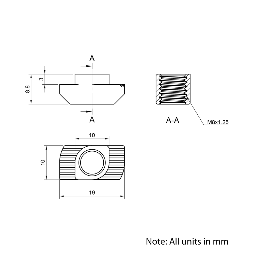 Technical Drawing Of Drop In Nut - T-Slot - 40 & 45 Series - M8 - Stainless Steel