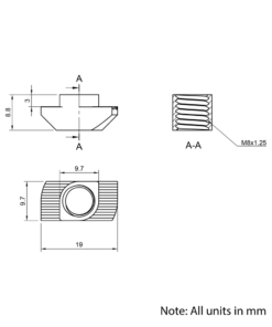 Technical Drawing Of Drop In Nut - T-Slot - 40 & 45 Series - M8