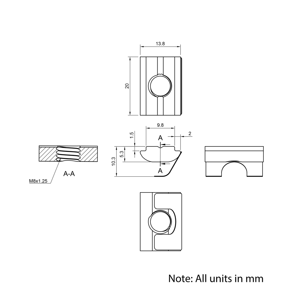 Technical Drawing Of Spring Leaf Loaded Nut - T-Slot - 40 & 45 Series - M8