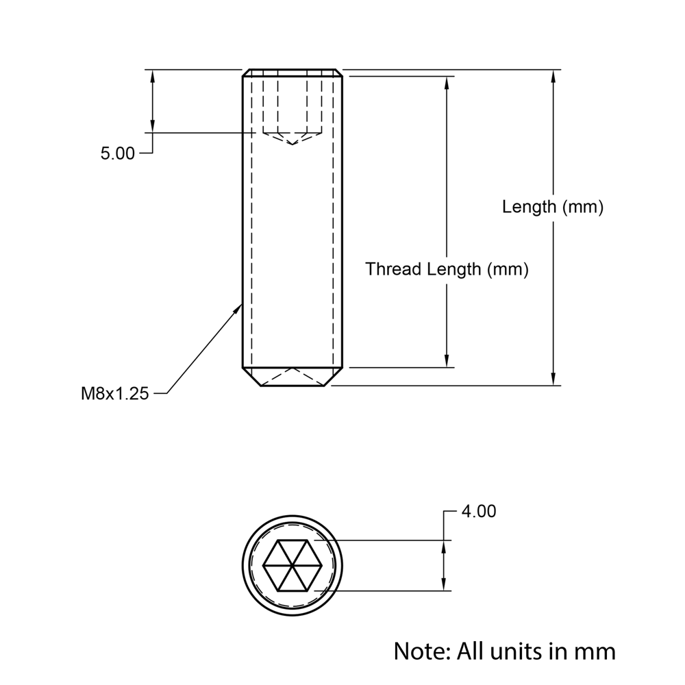 Technical Drawing of Grub Screw - M8 - 12mm