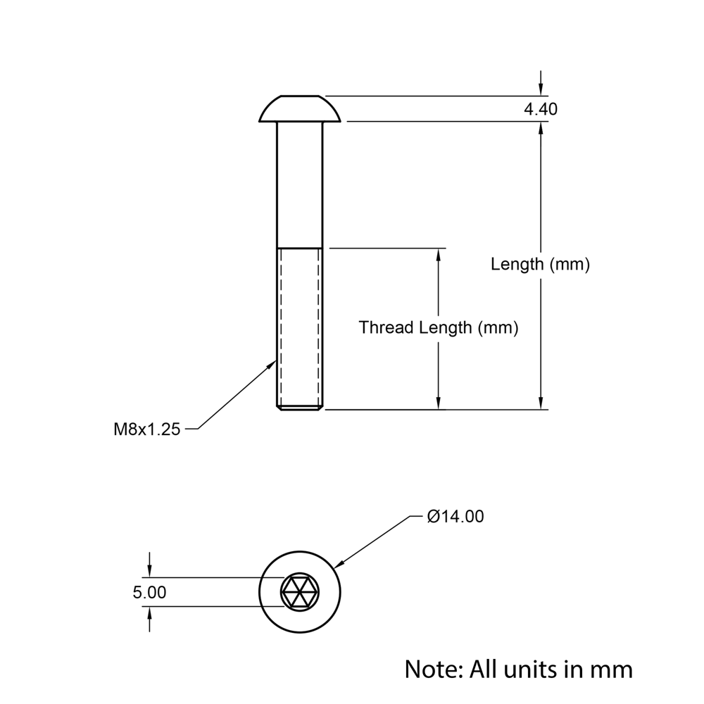 Technical Drawing Of Button Head Bolt - M8 - 25mm