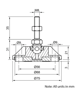 Technical Drawing Of Articulating Anti-slip Levelling Foot - Metal 75mm - M8 - 35mm