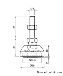 Technical Drawing Of Articulating Anti-slip Levelling Foot - Nylon 39mm - M8 - 35mm