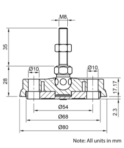 Technical Drawing Of Articulating Anti-slip Levelling Foot - Nylon 80mm - M8 - 35mm
