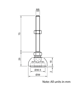Technical Drawing Of Articulating Anti-slip Levelling Foot - Metal 39mm - M8 - 75mm