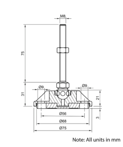 Technical Drawing Of Articulating Anti-slip Levelling Foot - Metal 75mm - M8 - 75mm