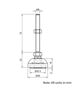 Technical Drawing Of Articulating Anti-slip Levelling Foot - Nylon 39mm - M8 - 75mm