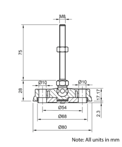 Technical Drawing Of Articulating Anti-slip Levelling Foot - Nylon 80mm - M8 - 75mm