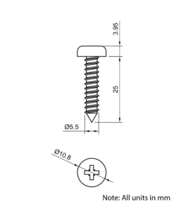 Technical Drawing Of Pan Head Self Tapping Screw - No.12 (5.5mm) - 25mm