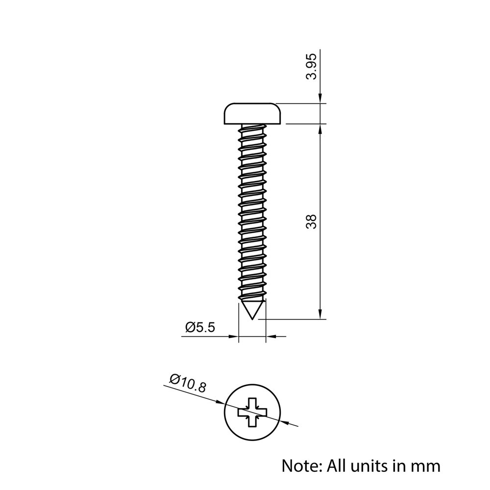 Technical Drawing Of Pan Head Self Tapping Screw - No.12 (5.5mm) - 38mm