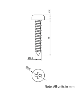 Technical Drawing Of Pan Head Self Tapping Screw - No.4 (2.9mm) - 16mm