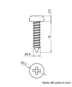 Technical Drawing Of Pan Head Self Tapping Screw - No.7 (3.9mm) - 16mm