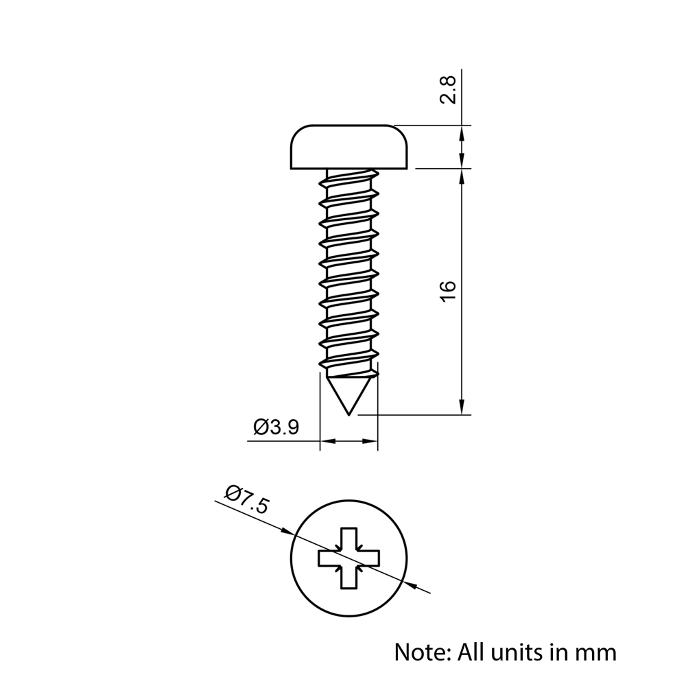 Technical Drawing Of Pan Head Self Tapping Screw - No.7 (3.9mm) - 16mm