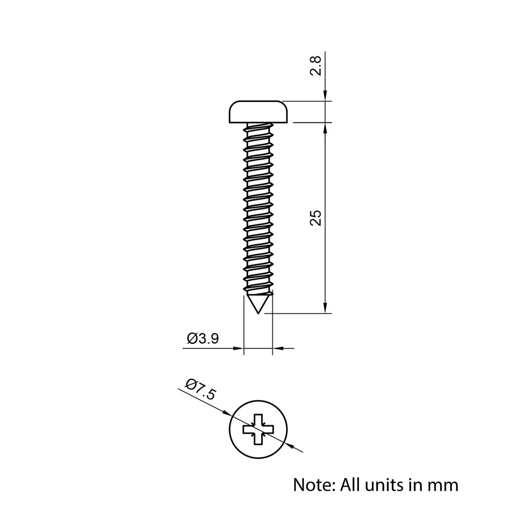Technical Drawing Of Pan Head Self Tapping Screw - No.7 (3.9mm) - 25mm