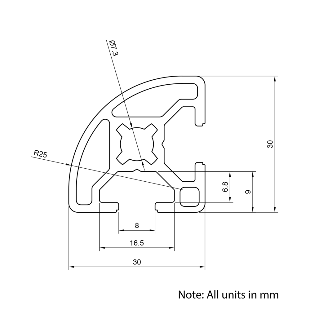 Technical Drawing Of Aluminium Extrusion Profile - T-Slot - 30x30mm - 90 Degree Radius - Silver - Cut to Size