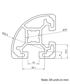 Technical Drawing Of Aluminium Extrusion Profile - T-Slot - 40x40mm - 90 Degree Radius - Silver - Cut to Size