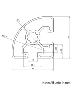 Technical Drawing Of Aluminium Extrusion Profile - T-Slot - 45x45mm - 90 Degree Radius - Silver - Cut to Size