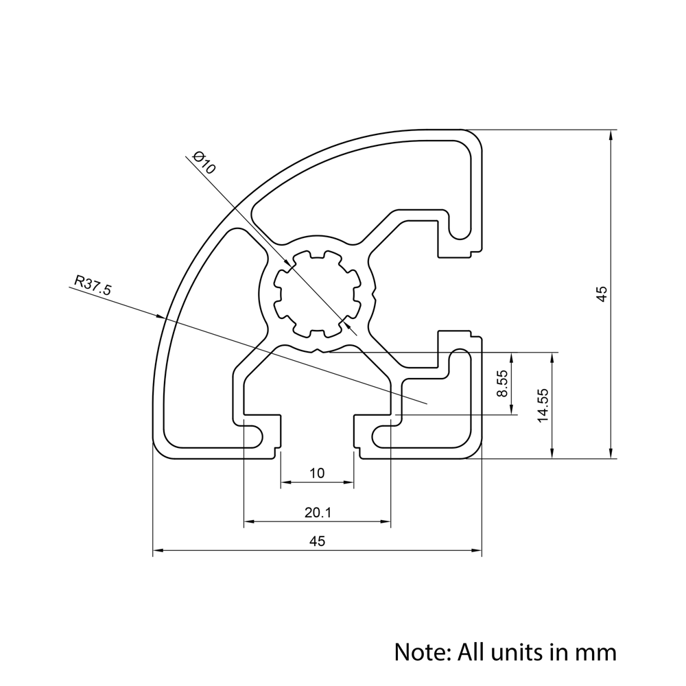 Technical Drawing Of Aluminium Extrusion Profile - T-Slot - 45x45mm - 90 Degree Radius - Silver - Cut to Size