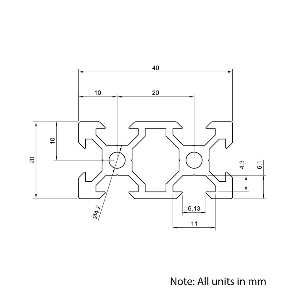 Technical Drawing Of Seconds - Aluminium Extrusion Profile - T/V-Slot - 20 Series - 20x40mm - 1000mm - Silver
