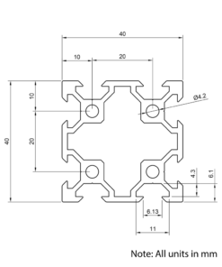 Technical Drawing Of Seconds - Aluminium Extrusion Profile - T/V-Slot - 20 Series - 40x40mm - 1000mm - Silver