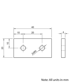 Technical Drawing Of Plate Connector - 2 Hole - Single Slot - 20 Series - Aluminium - Silver