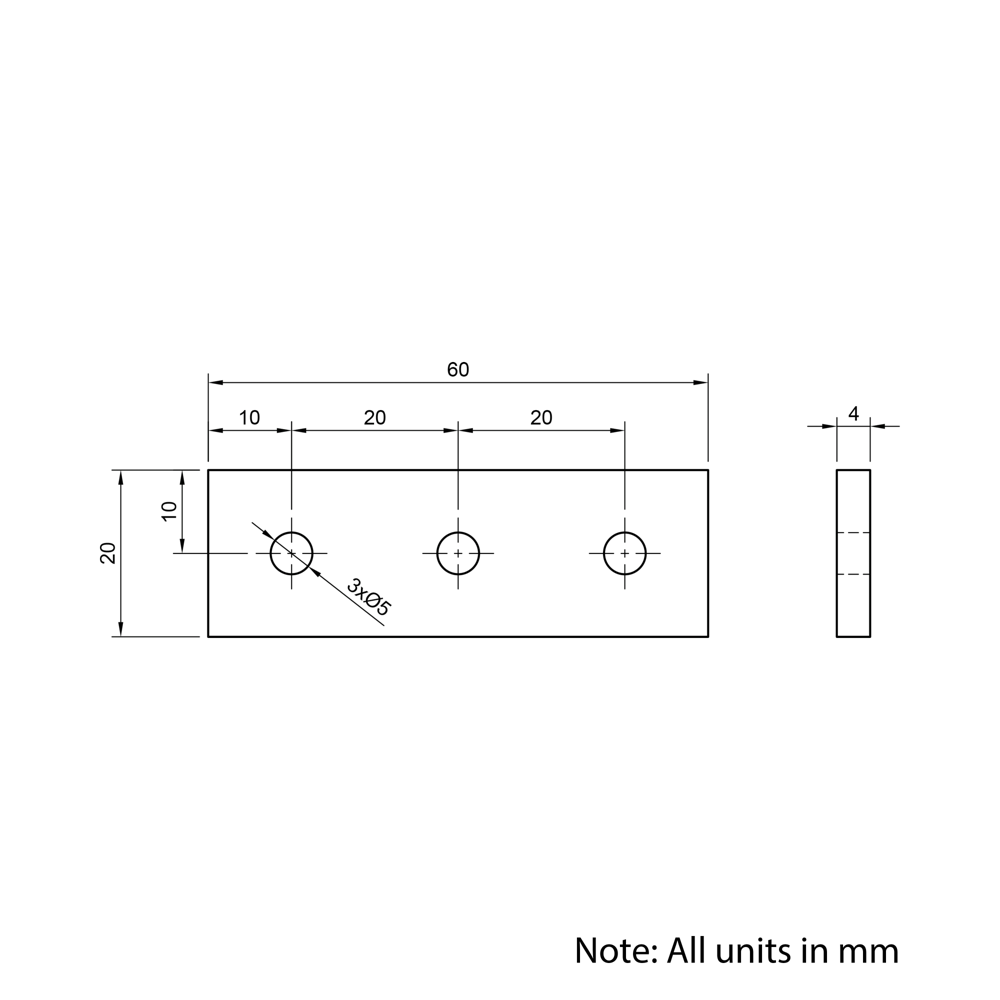 Technical Drawing Of Plate Connector - 3 Hole - Single Slot - 20 Series - Aluminium - Silver