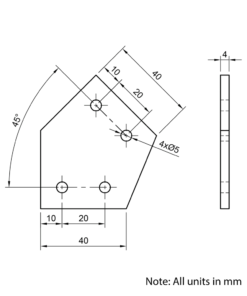 Technical Drawing Of Plate Connector - 45 Degree - Single Slot - 20 Series - Aluminium - Silver