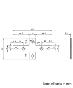 Technical Drawing Of Plate Connector - Cross - Single Slot - 20 Series - Steel - Grey