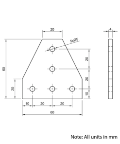 Technical Drawing Of Plate Connector - T - Single Slot - 20 Series - Aluminium - Silver