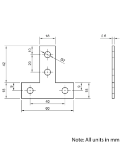 Technical Drawing Of Plate Connector - T - Single Slot - 20 Series - Steel - Grey