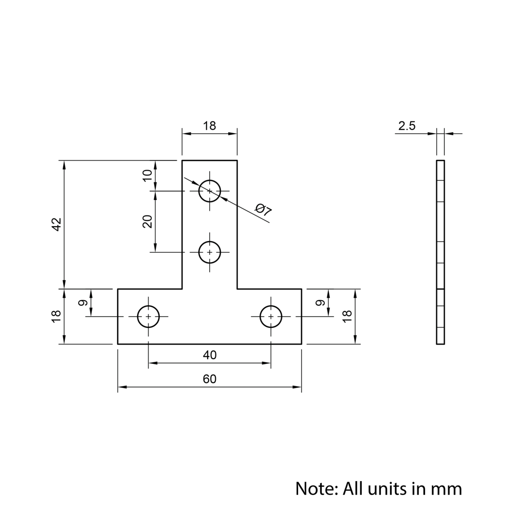 Technical Drawing Of Plate Connector - T - Single Slot - 20 Series - Steel - Grey
