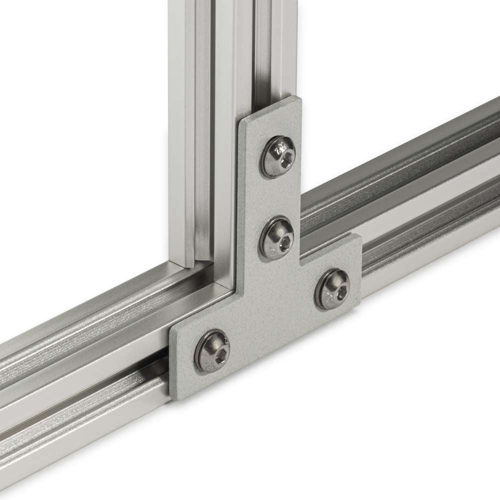 Plate Connector - T - Single Slot - 20 Series - Steel - Grey - With Fixings Joining Aluminium Extrusion